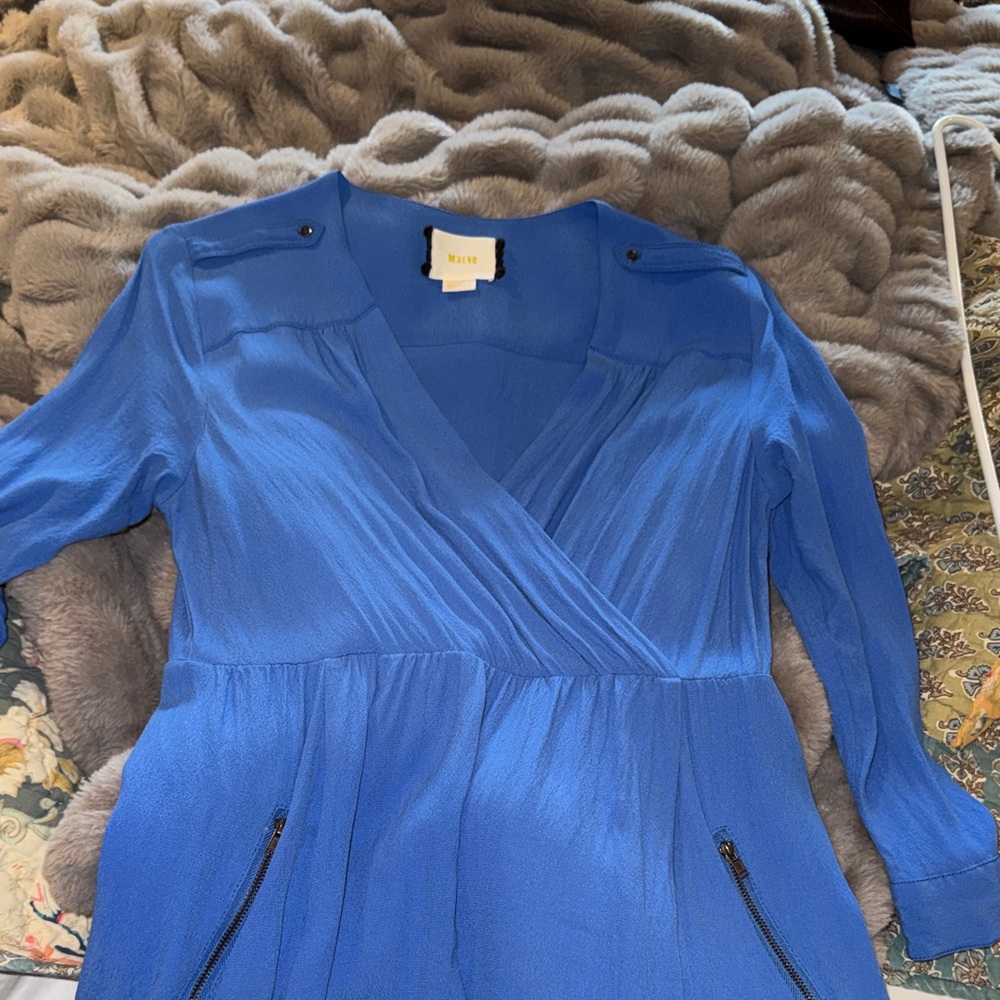 Maeve Blue Wrap-Front Adjustable Sleeve Dress
